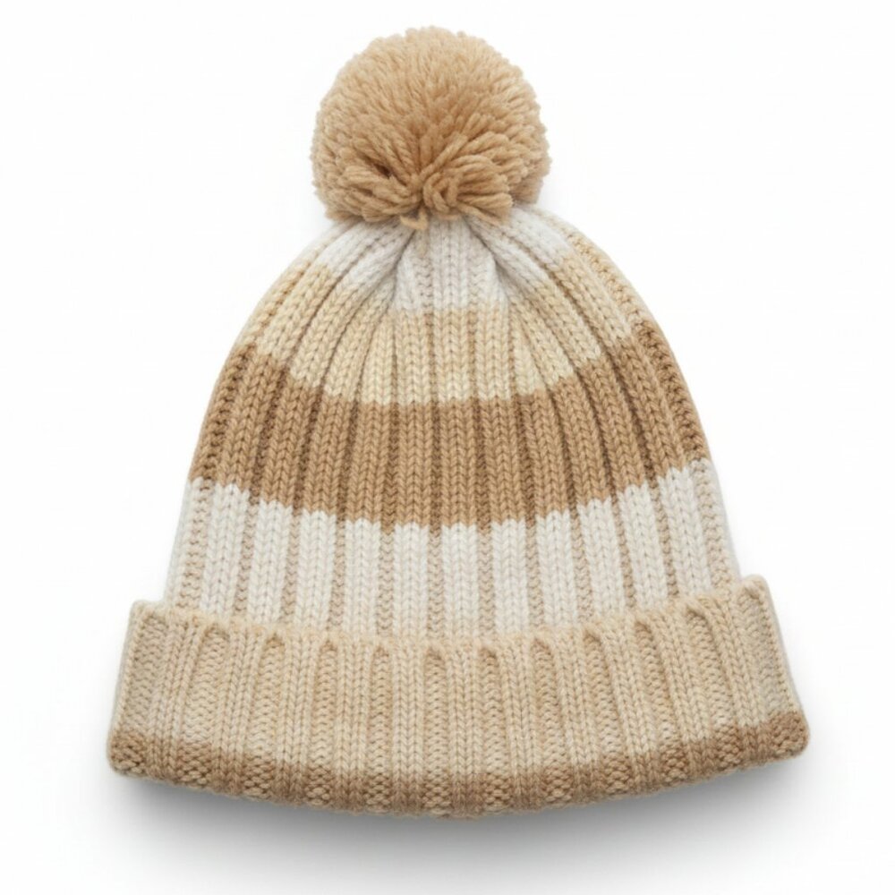 DOUBLE SMART SET - Beige / white Rib-knit classic pompom tuque - winter hat - OZ